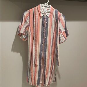 Lightweight Coral & Blue Striped Linen-Blend Women’s Dress with tie sash belt